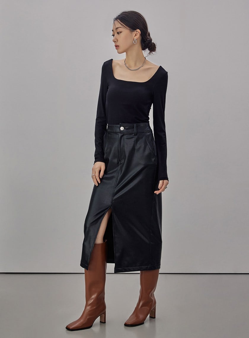 俐落前開岔皮革窄裙